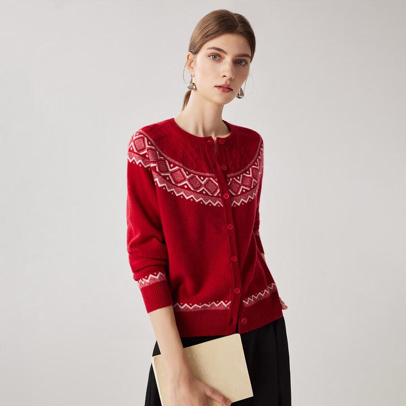 Zhaojun Women's Vintage Jacquard Round Neck Cashmere Cardigan