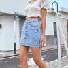 Women High Waist  Hole-ridden Package Hip Jean Denim Skirt