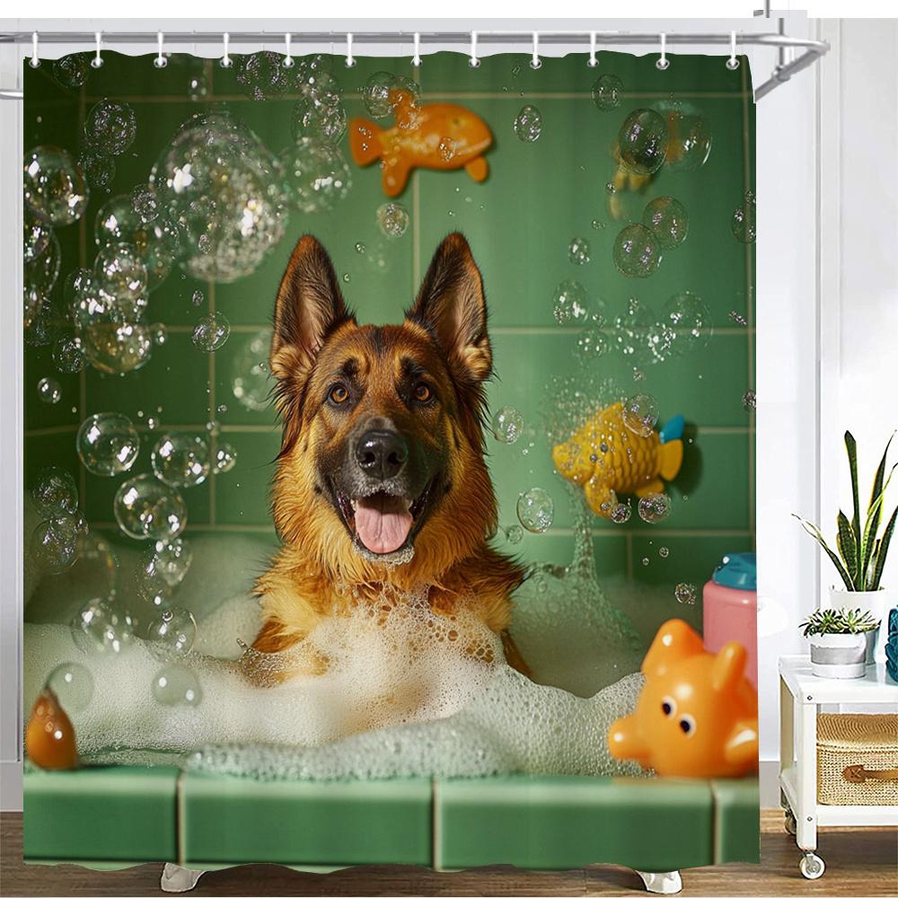 

German Shepherd In Bubble Bath Shower Curtain – Fish Toys, Green Tiles, Polyester, Machine Washable, Whimsical Pet Theme W60H190(CM)-1 Pcs