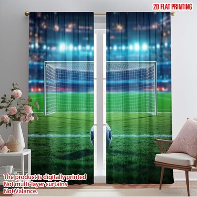 2pcs,2D Plane Printing Curtains&Window Treatment Goal Awaiting Versatile Durable Polyester (without Rod) Room Decor Perfect for