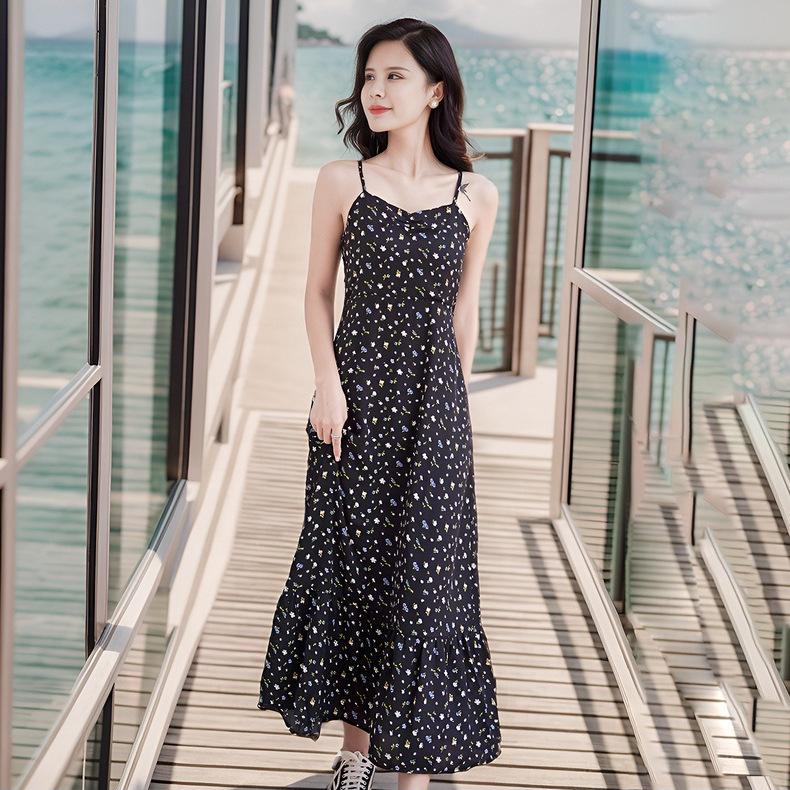 2026 Summer Floral Print Black Midi Camisole Dress - Women's Beach Vacation Wear