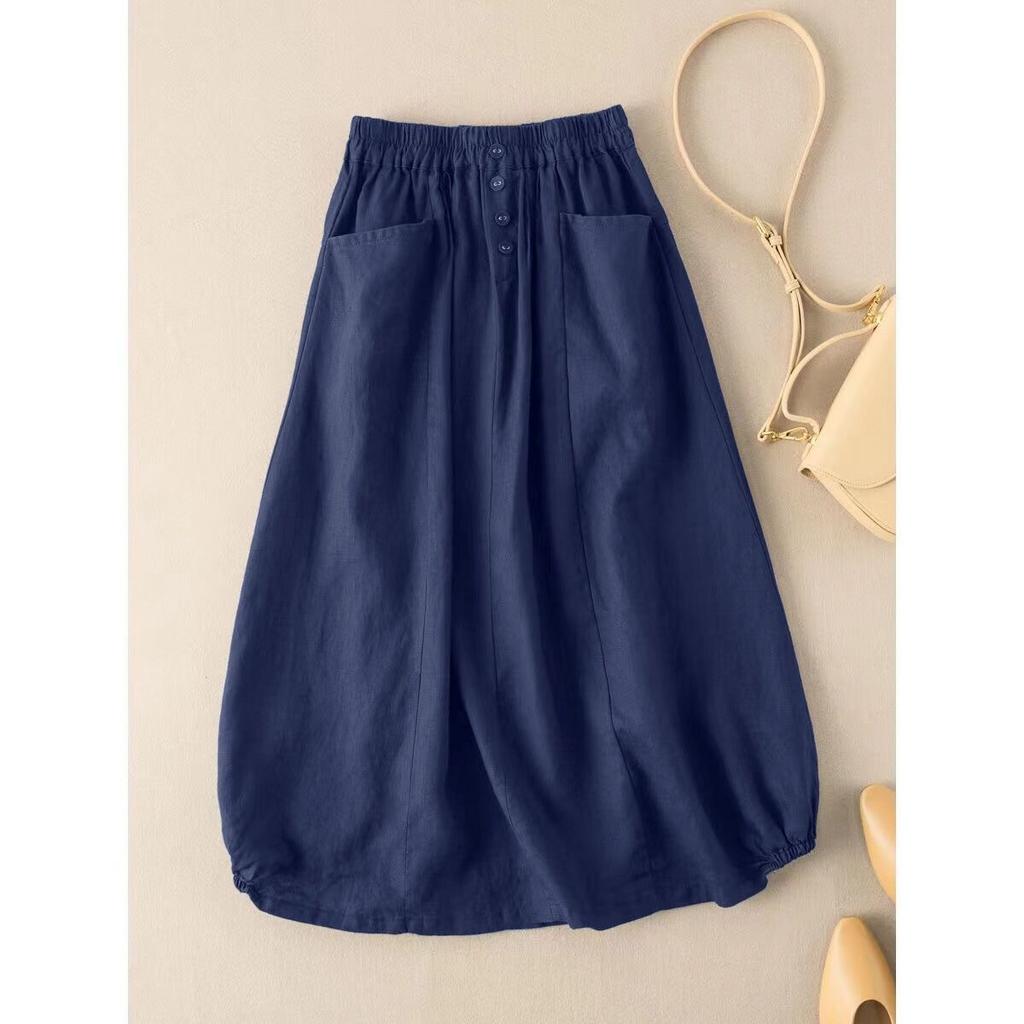 Cotton Linen Women Midi Skirt High-Waist Pockets Buttons Decor Large Hem A-Line Casual Skirt Autumn Solid Color Retro Skirt
