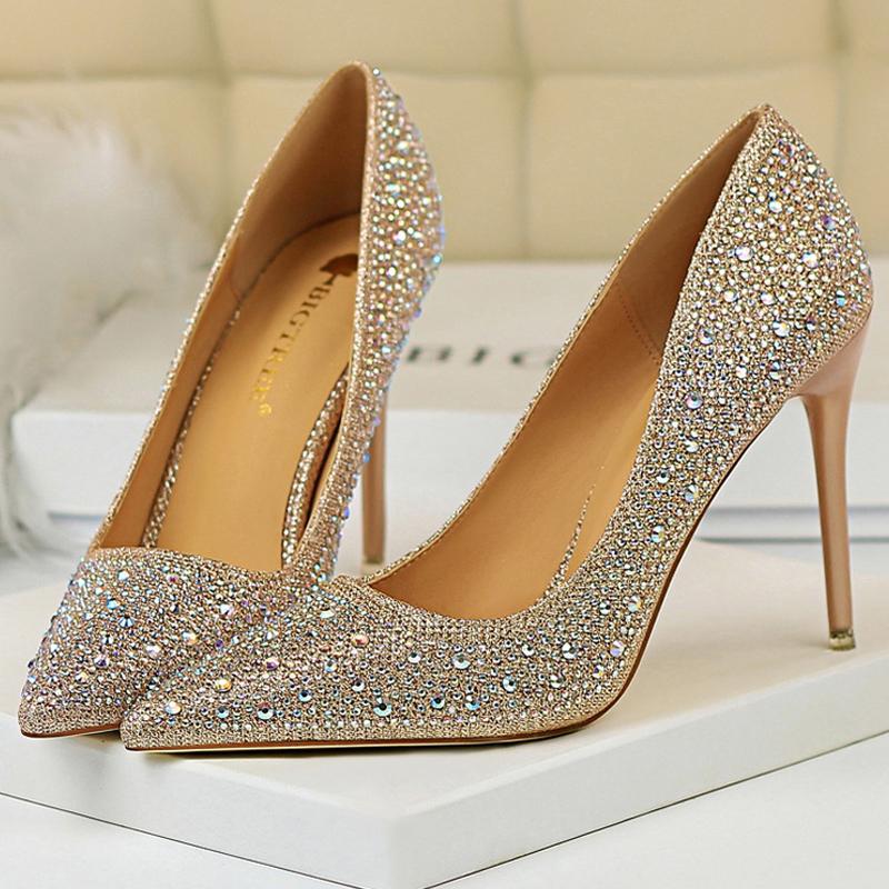 Duży rozmiar 43 Damskie czółenka Buty ślubne Błyszczące cyrkoniami Panna Młoda Szpilki 7 CM 10 CM Luksusowe czółenka Buty imprezowe