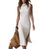 2026 European Women's Sleeveless Solid Color Knit Dress with High Slit