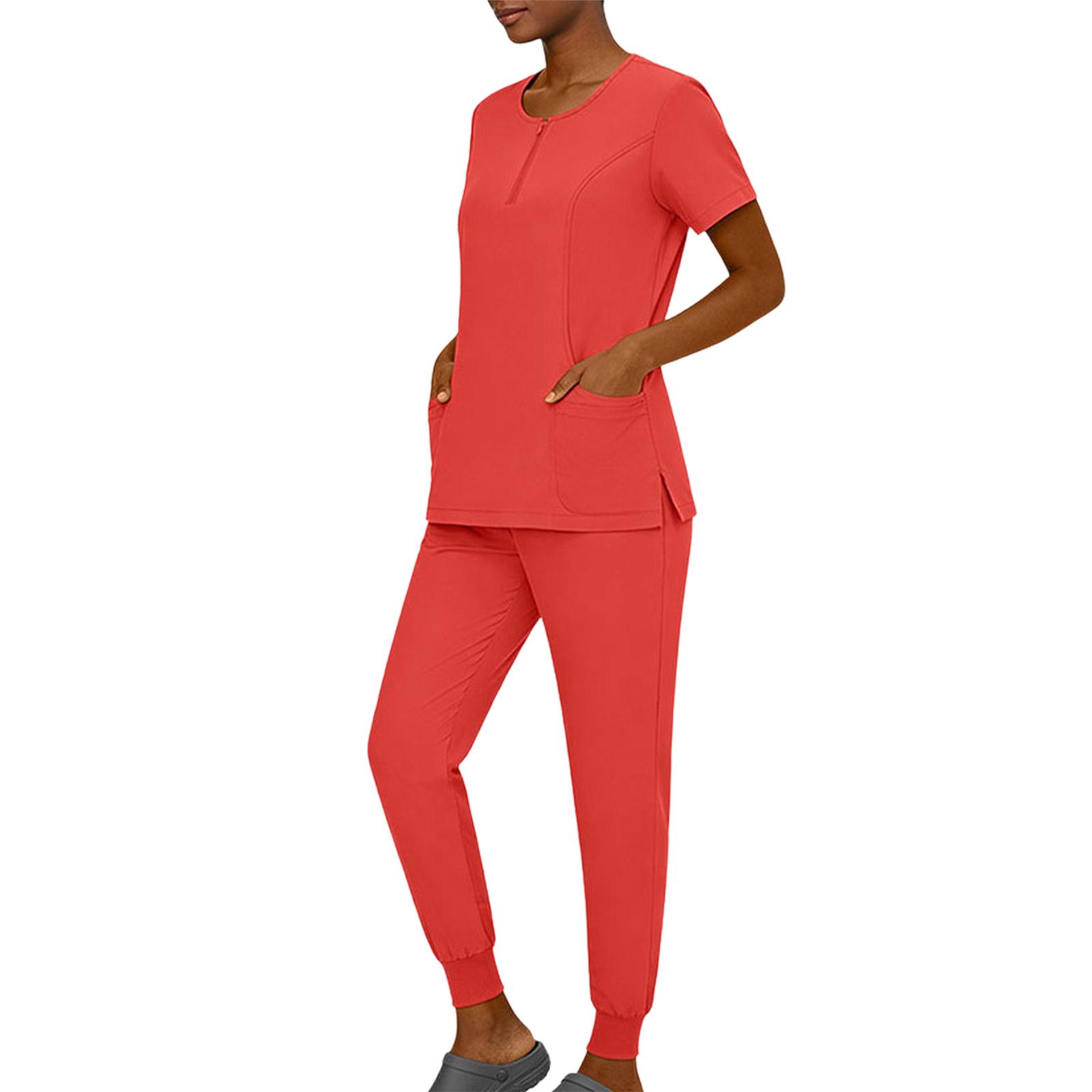 

Women s Short Sleeved Color Round Neck Pocket Top Pants Work Clothes Two Piece Set L помаранчевий