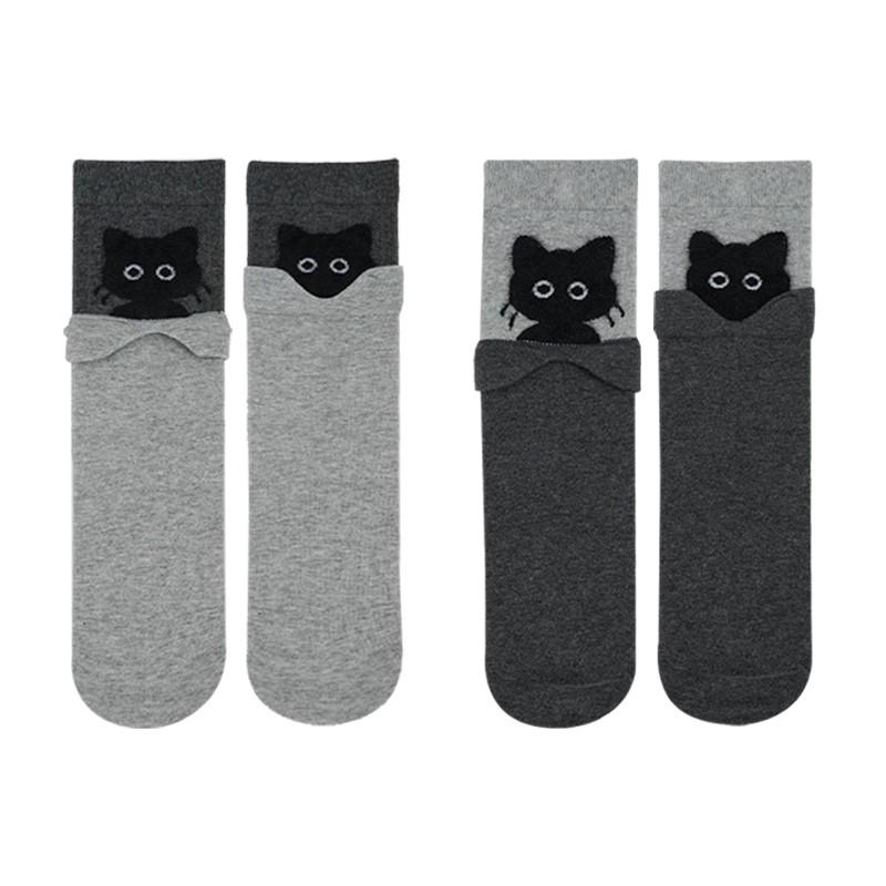 2026 Korean Cute Cartoon Kitten Mid-tube Socks Women's Autumn Winter Warm Stacking Socks Kawaii Cat Print Cotton Soft Long Sock