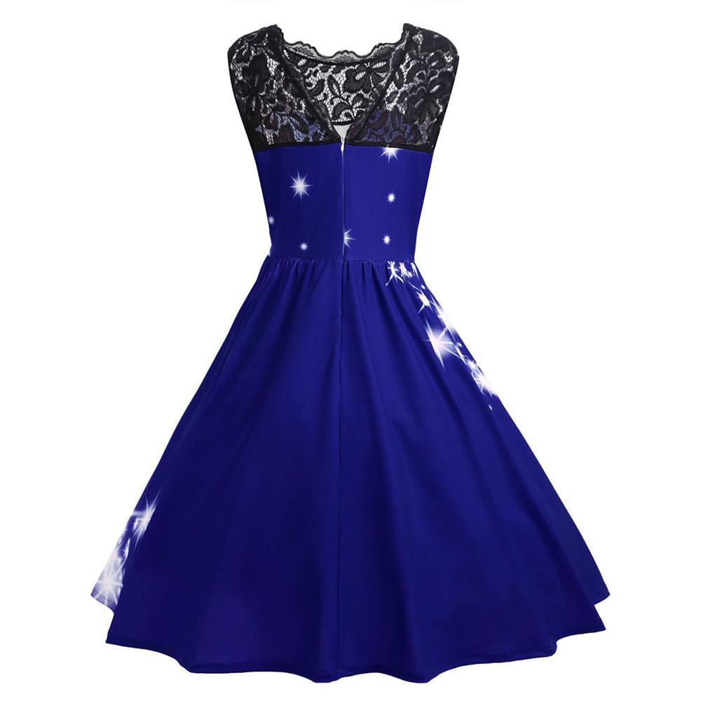 Fashion Women Lace Vintage Christmas Print Sleeveless Swing  Party Dress