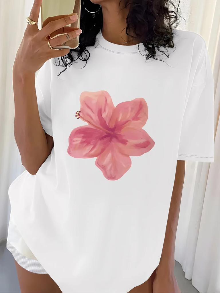 Women's White Graphic Tee with Pink Hibiscus Print for Tropical Themed Events and Summer Outings Women Clothing