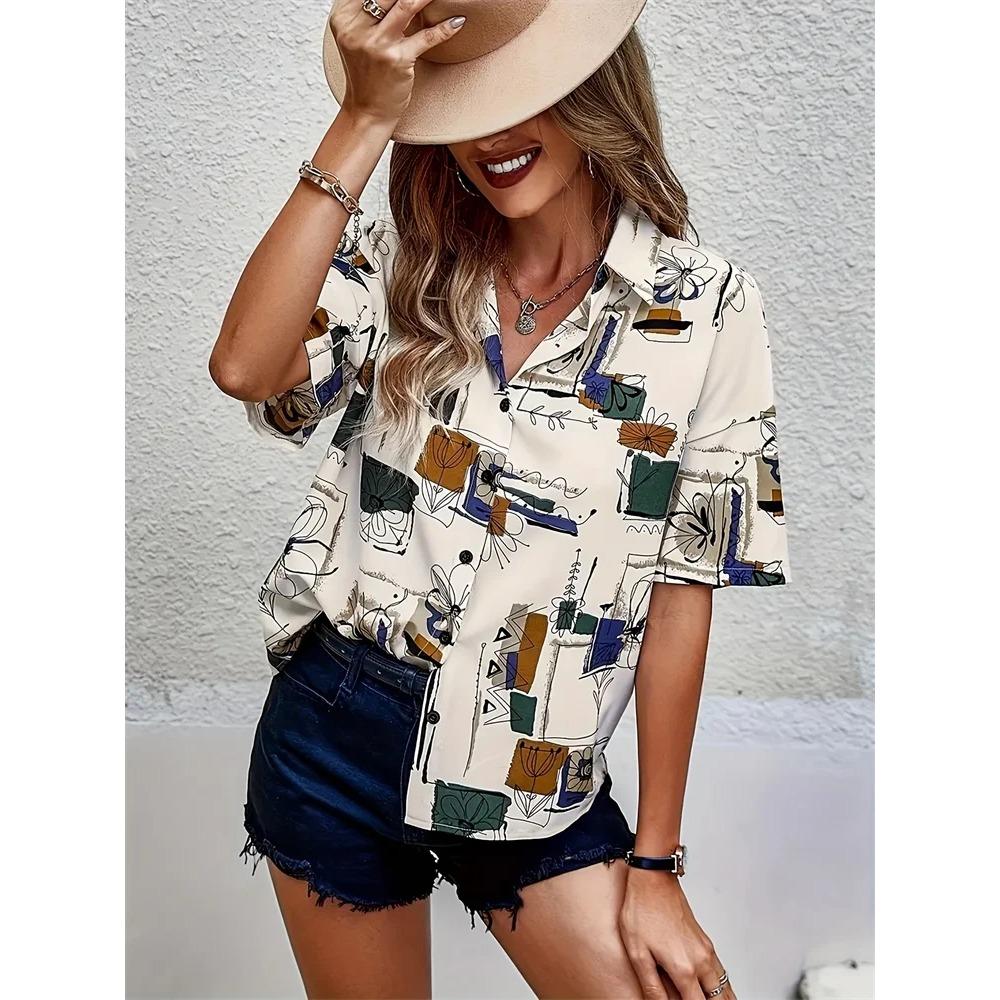 Summer 2025 Women Shirts Lapel Short Sleeve Abstract Cartoon Portrait Prints Blouses Fashion Casual Cute Cat Print Shirts Tops
