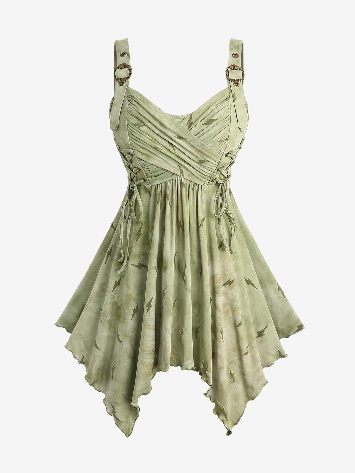 

Rosegal Большой размер Принт тай-дай «молния» С запахом Сборки Рюши Шнуровка Люверсы Пряжка Асимметричная майка M зелёный