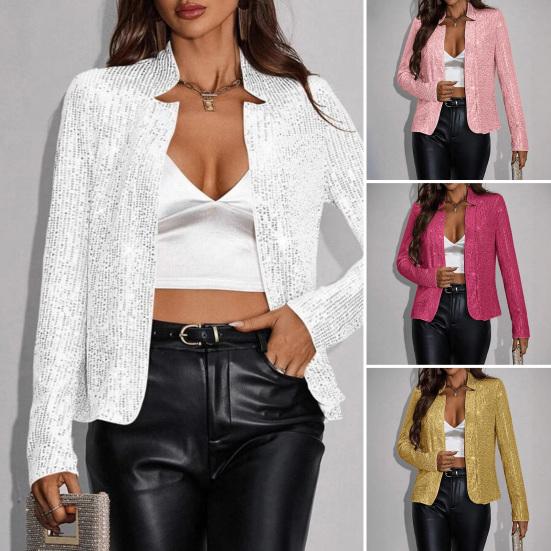 Women Cardigan Coat Stand Collar Short Type Long Sleeves Solid Color Sequin Jacket for Club Party Prom Slim Fit Commuting Outerwear
