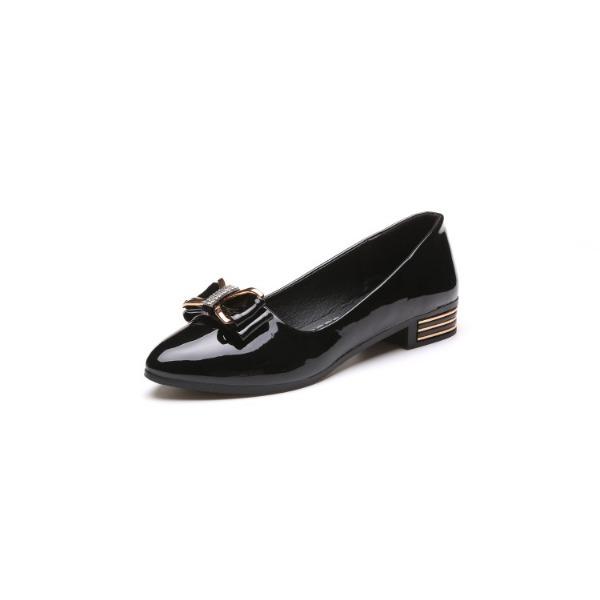 Women's Pointed Toe Low Heel Pumps PU Leather Bow Rhinestone Decor Slip on Flats Comfortable Block Heel Shoes