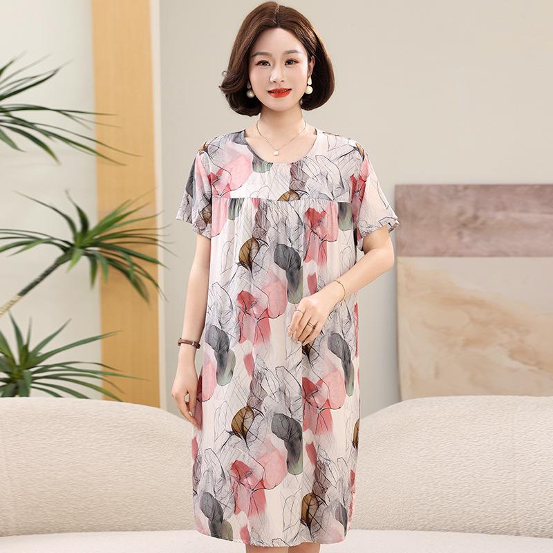

Women s Floral Print Cotton Silk Knee-Length Dress - Plus Size, Short Sleeve, Lightweight & Loose for Middle-Aged & Elderly One Size (Recommended for 45-80 kg)