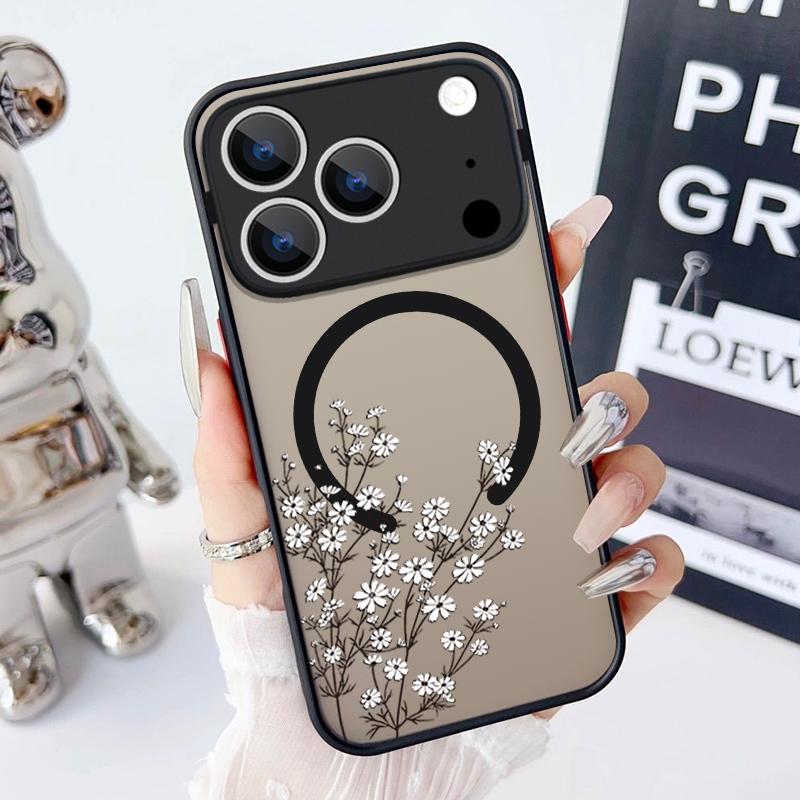 Magnetic Simple Flower Phone Case For iPhone 17 15 16 Pro Max 14 13 Pro 17 For Magsafe Wireless Charge Soft Edge Hard PC Cover