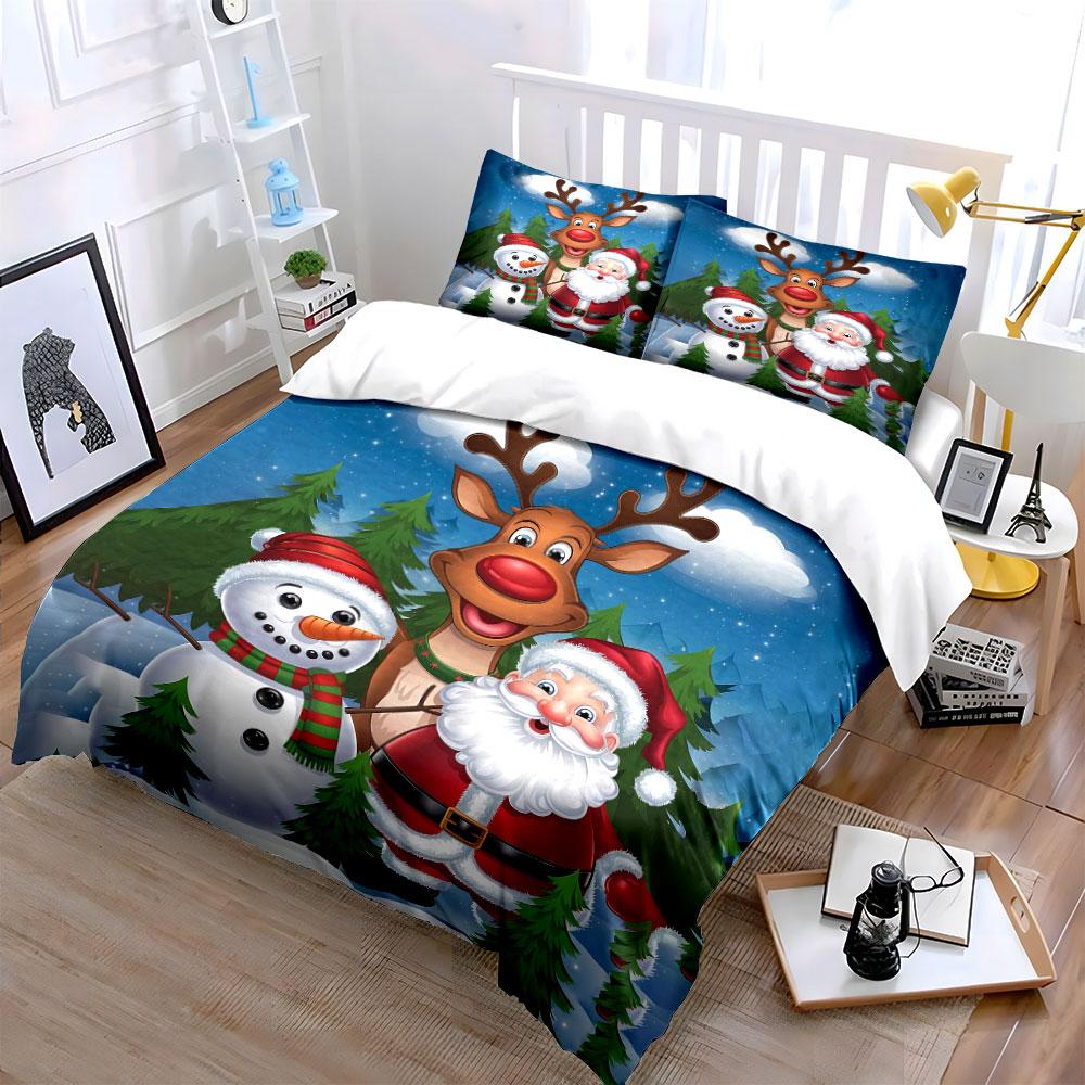 Weihnachtsmann, Schneemann und Rentier Bettwäsche Bettbezug Set Bettbezug Kissenbezüge  (1*Bettbezug 2*Kissenbezüge, ohne Bettdecke)