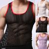 O-Neck Sleeveless Solid Color Men Vest Striped Racerback Male Mesh Sexy Transparent Bottoming Vest Home Wear