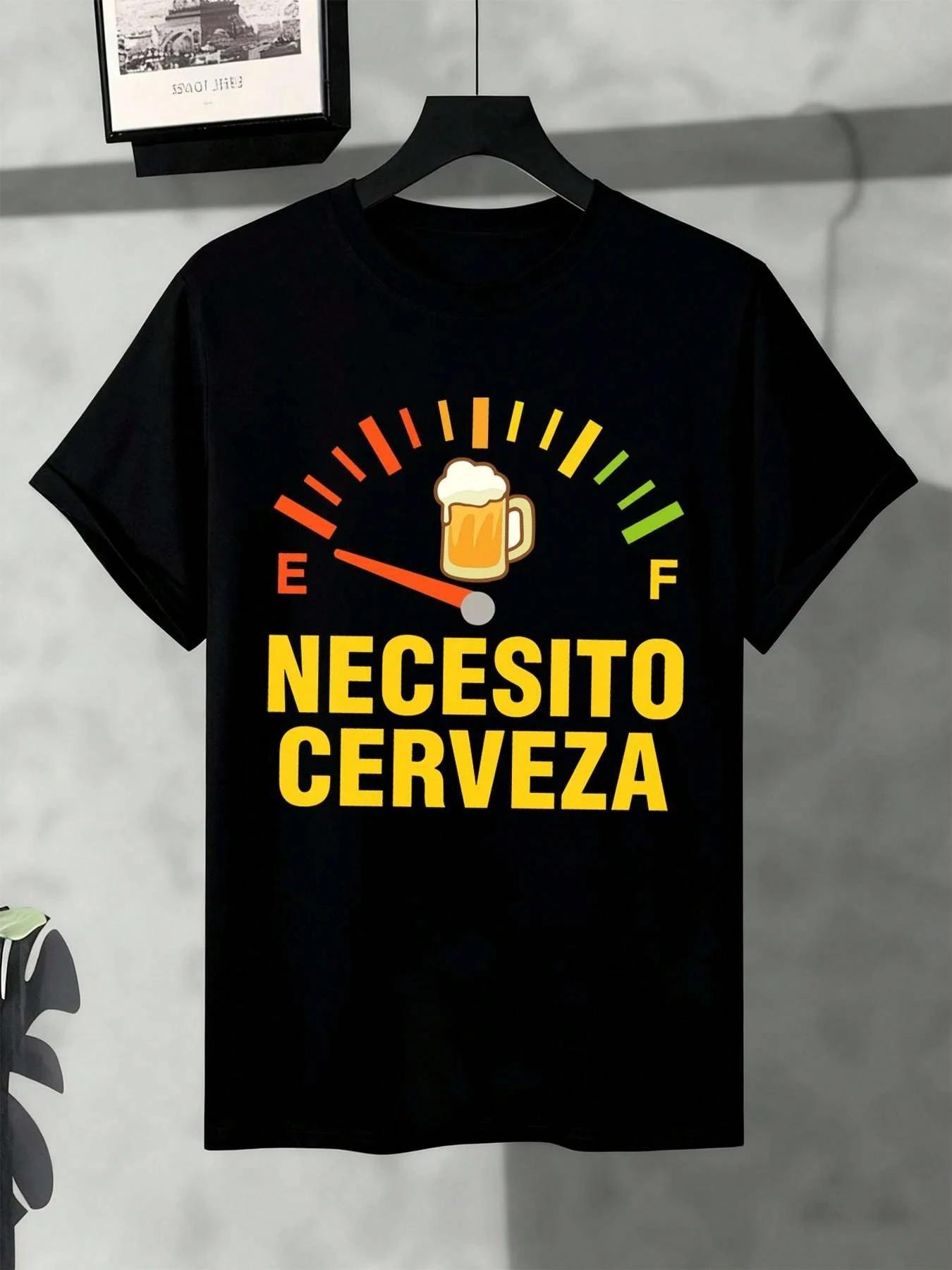 Unisex Women Necesito Cerveza TShirt Funny Spanish Beer Fuel Gauge Graphic Print Cotton Short Sleeve Casual Black Tee Tops S