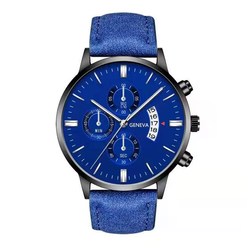 Men'S Fake Three-Eye Belt Calendar Casual Fashion Business Quartz Belt Watch