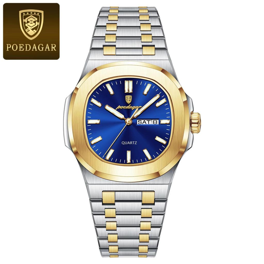 Luxury Square Men's Watches Waterproof Luminous Date Week Men Watch Stainless Steel Fashion Quartz Wristwatch