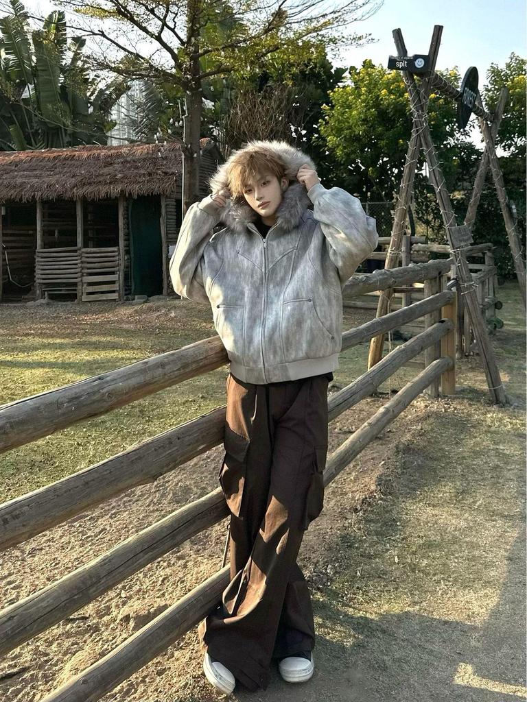 Unisex American Design Ink-Dyed Hooded Jacket with Fur Collar and Cotton Padding for 2025 Autumn/Winter.