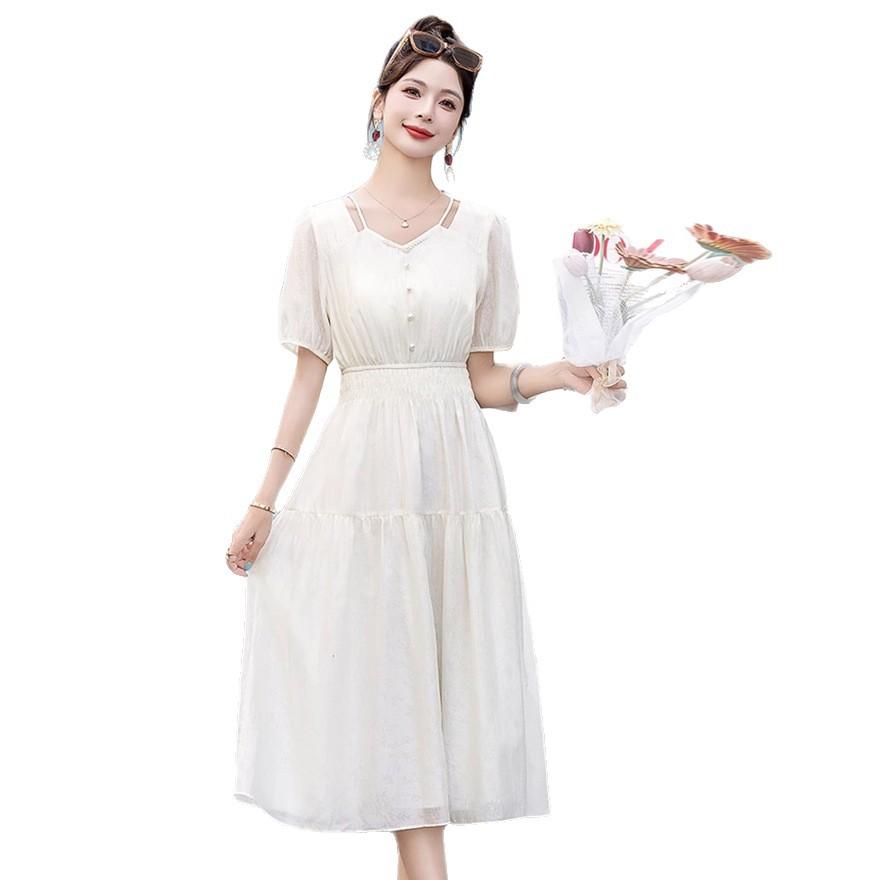 Popular Pink Dress Medium and Long Women's Summer New Waist Popular Beautiful Casual Bubble Sleeve Skirt