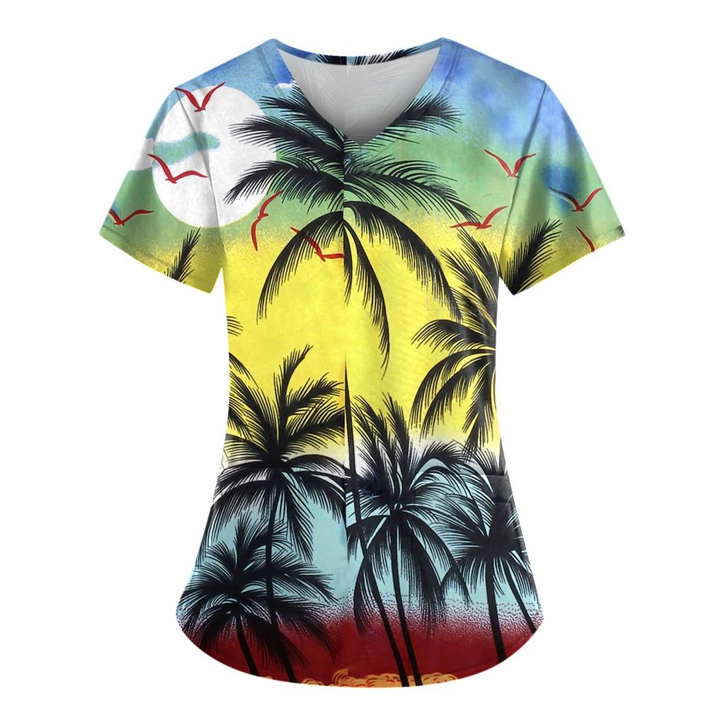 Hawaiian Top For Women Fashion Printed Short Sleeve V Neck Pattern Tops Pocket Working T-shirts