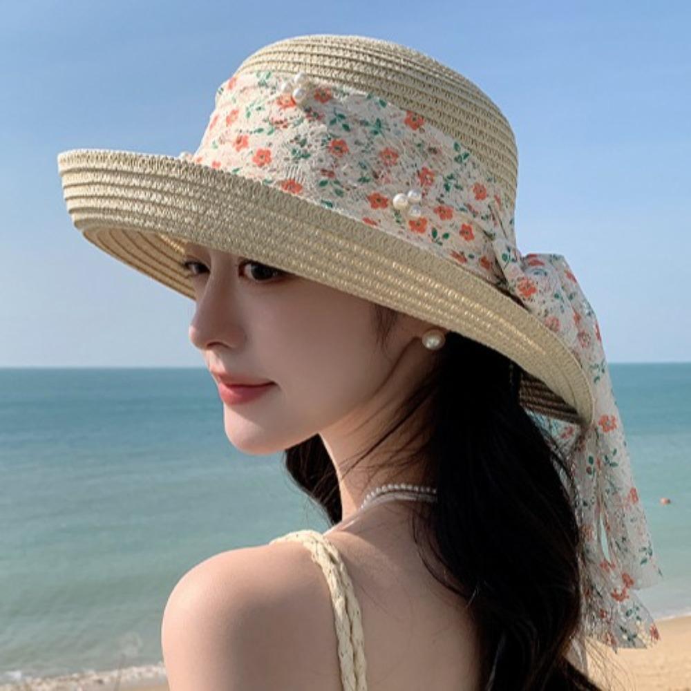 Breathable Flower Fisherman Cap Large Brim Wide Brim Sun Hat Fashion Lace Bowknot Straw Hat  Beach