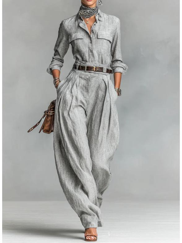 

Women s Retro-Style Two-Piece: Long-Sleeve Cardigan Shirt & Wide-Leg Pants, Loose & Fashionable S серый