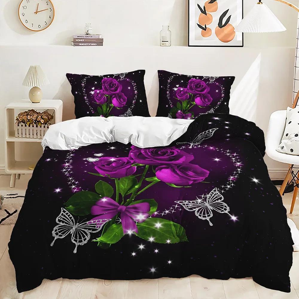 Comforter Rose Floral Romantic Flowers Bedding Set Butterfly Comforter Twin Queen For Valentine'S Day Wedding Room Decor