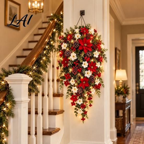Upside Down Layered Garland Pre-Lit Christmas Teardrop Swag Decoration Lighted Door Wreath with Artificial Pine Lights Poinsettia Cones for