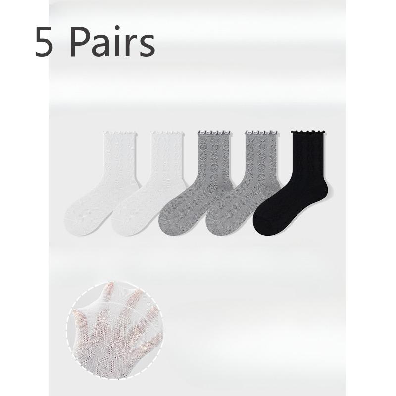 5 Pairs of Women's Summer Thin Style All Kinds of Mesh Hollow Wooden Ear Side Tube Stack Socks