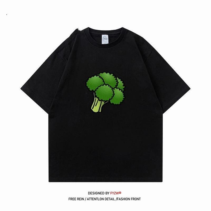 Mens Casual Cartoon Broccoli Print Short Sleeve T Shirt S чёрный