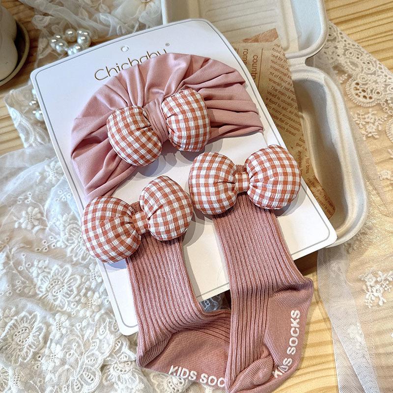 Baby Girl 0-3 Months Spring & Autumn Cotton Gingham Pattern Warm Baby Hat with Socks Set