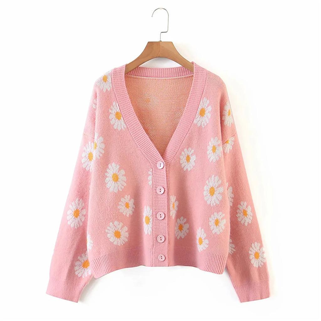 Women's  And Winter Fashion Flower Cardigan Sweater V-neck Long-Sleeved Sweater Women
