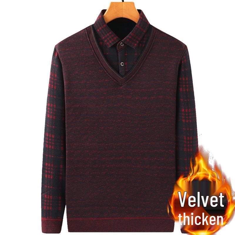 Middle-aged & Elderly Men's Thickened Velvet Knit Sweater Faux Two-Piece