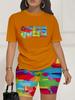 Color code European and American women's clothing painting printing T-shirt shorts set sports suit