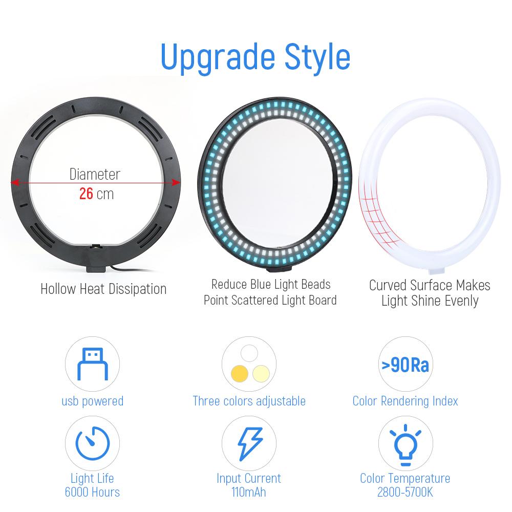 10 Inch 26cm Ring Light Selfie Ring Light with Mini Desk Tripod Stand Phone Holders LED RingLight for Photography YouTube TikTok