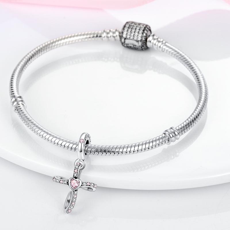 New In Copper Pink Zircon Cross Charms Beads Pendant Jewelry Fit Originalbracelet For Women Diy Gift