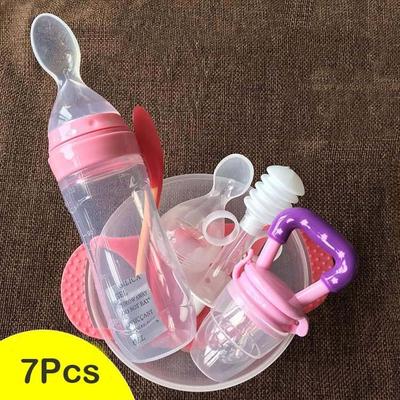 7 In 1 120ml Infant Baby Soft Silicone Food Supplement Toddler Rice Cereal Feeding Bottles Spoon Milk Food Storage Cup Bowl Set