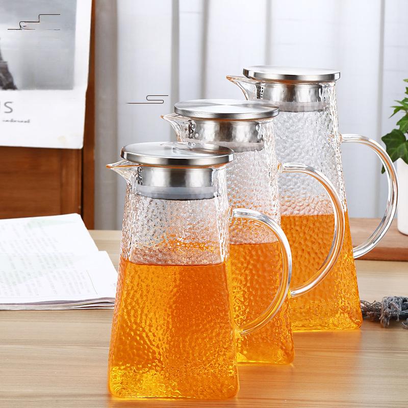 Jarra de Agua Fría de Vidrio Transparente con Patrón de Martillo Alto Borosilicato Gran Capacidad Tapa de Acero Hervidor para Secar Agua Hirviendo Jarra Cuadrada para Jugo