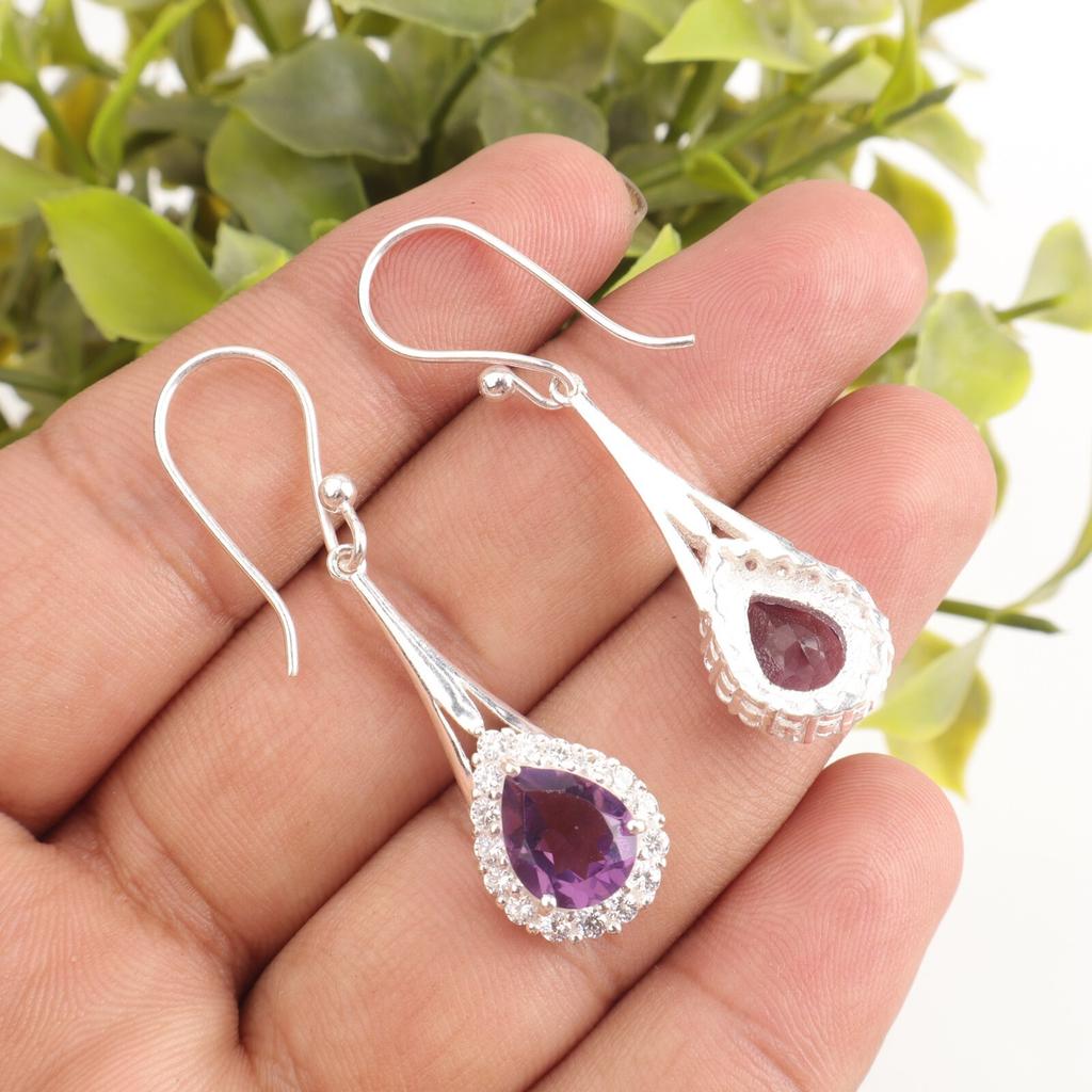 Natürlicher Amethyst Edelstein 925 Sterlingsilber Zirkonia Hochzeitsohrringe 1,86" Für Sie CZE-7-6