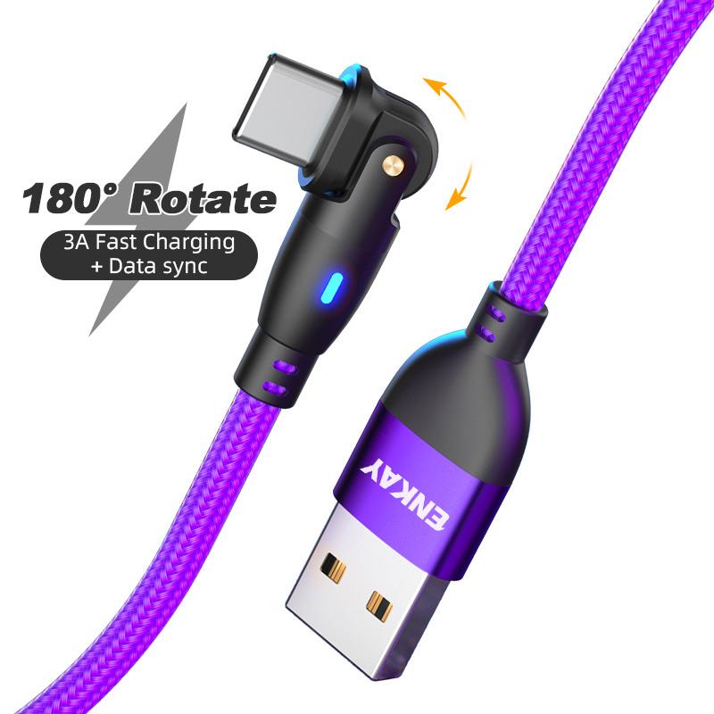 

ENKAY 2m 3A Fast Charging USB to Type-C 180 Degree Rotate Nylon Braided Data Cable with LED Indicator Purple