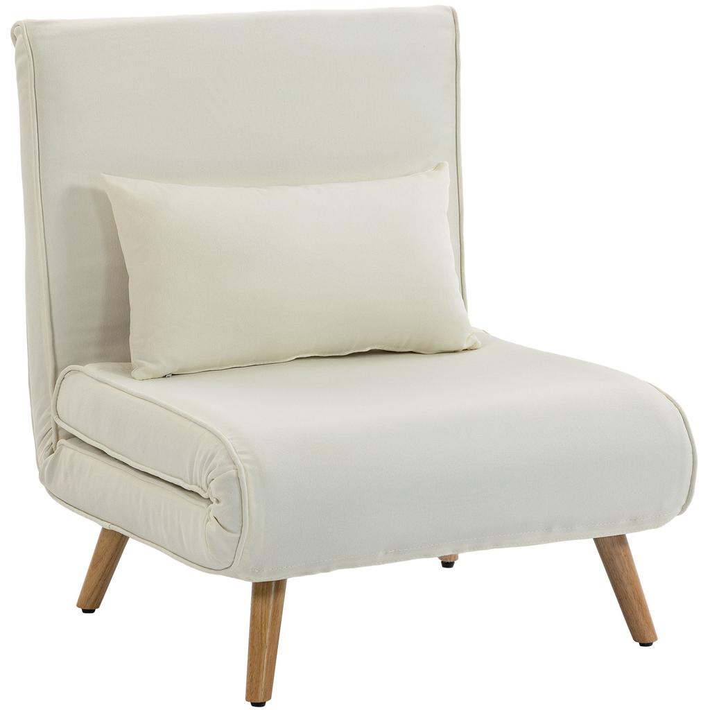 Convertible Chauffeuse Chair 3-in-1 Armchair Bed Single Bed 5-Position Backrest In Fabric with Cushion, Cream