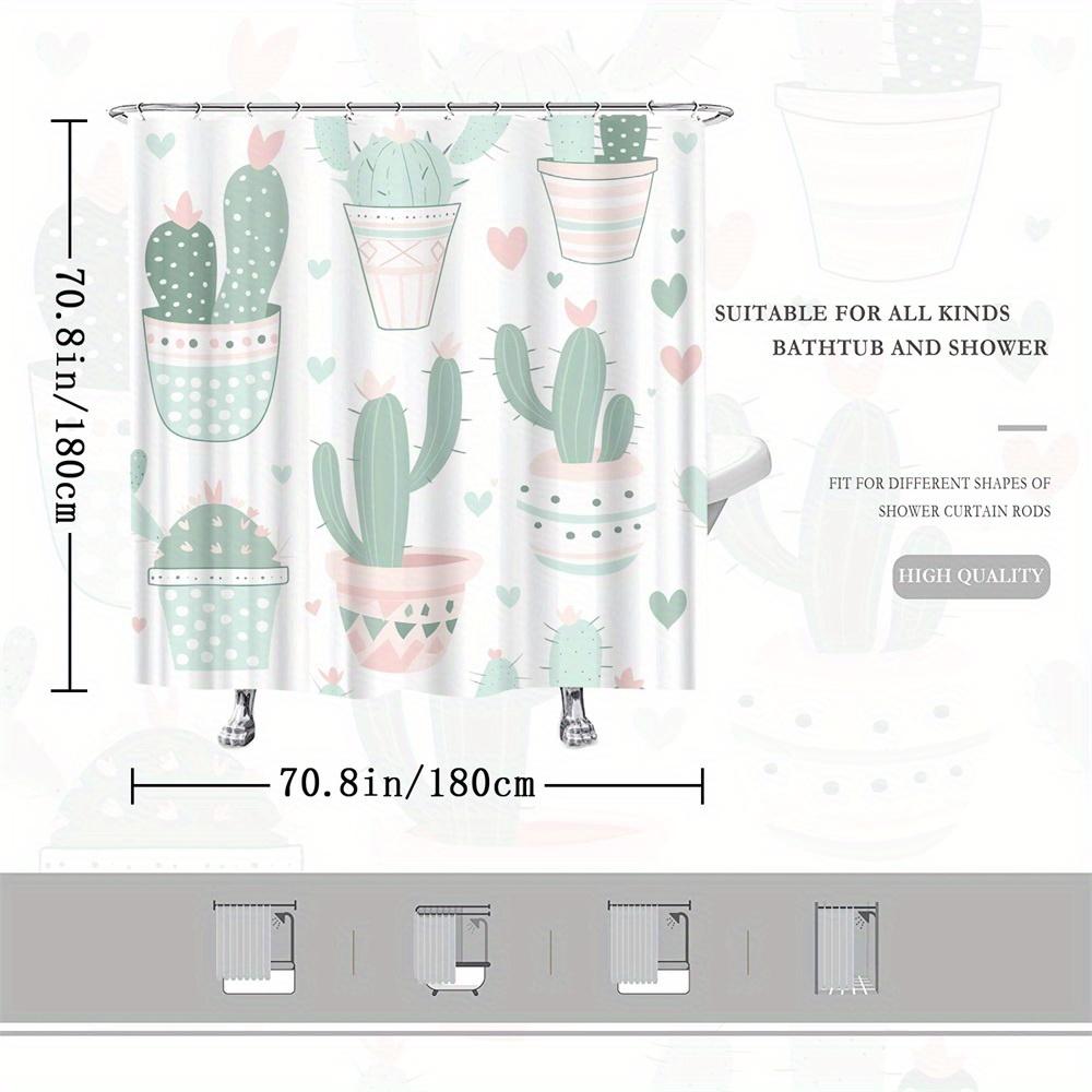 1pc Cactus & Plant Shower Curtain - Pastel Pots, Heart Background, Vintage Style, 70x70", Polyester, 12 Hooks, Washable