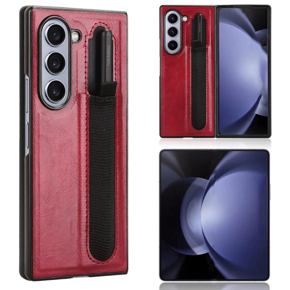 

For Samsung Galaxy Z Fold6 5G Case Retro Leather Coated PC Phone Cover with Pens Slot Red