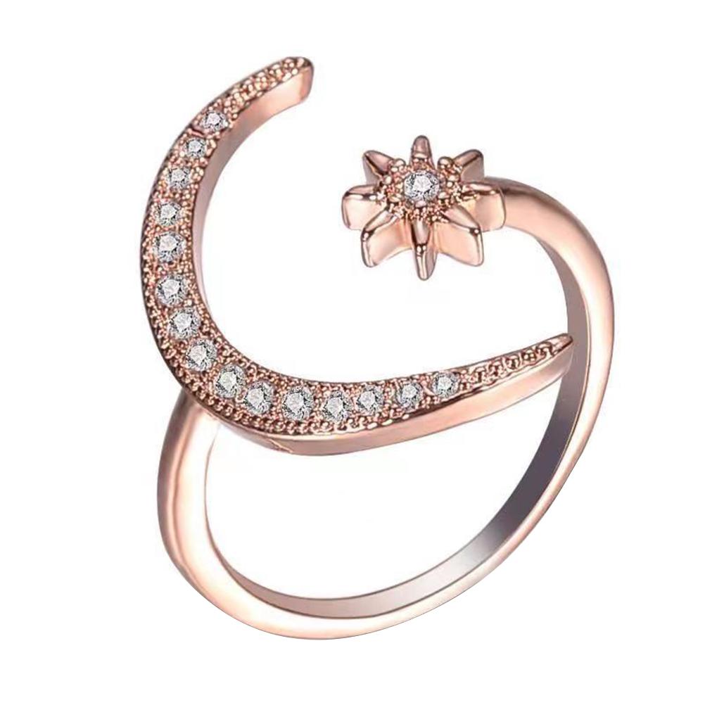Crescent Moon Star Rings for Women Girls Adjustable Moon Open Ring Cubic Zirconia Minimalist Ring Jewelry Valentines