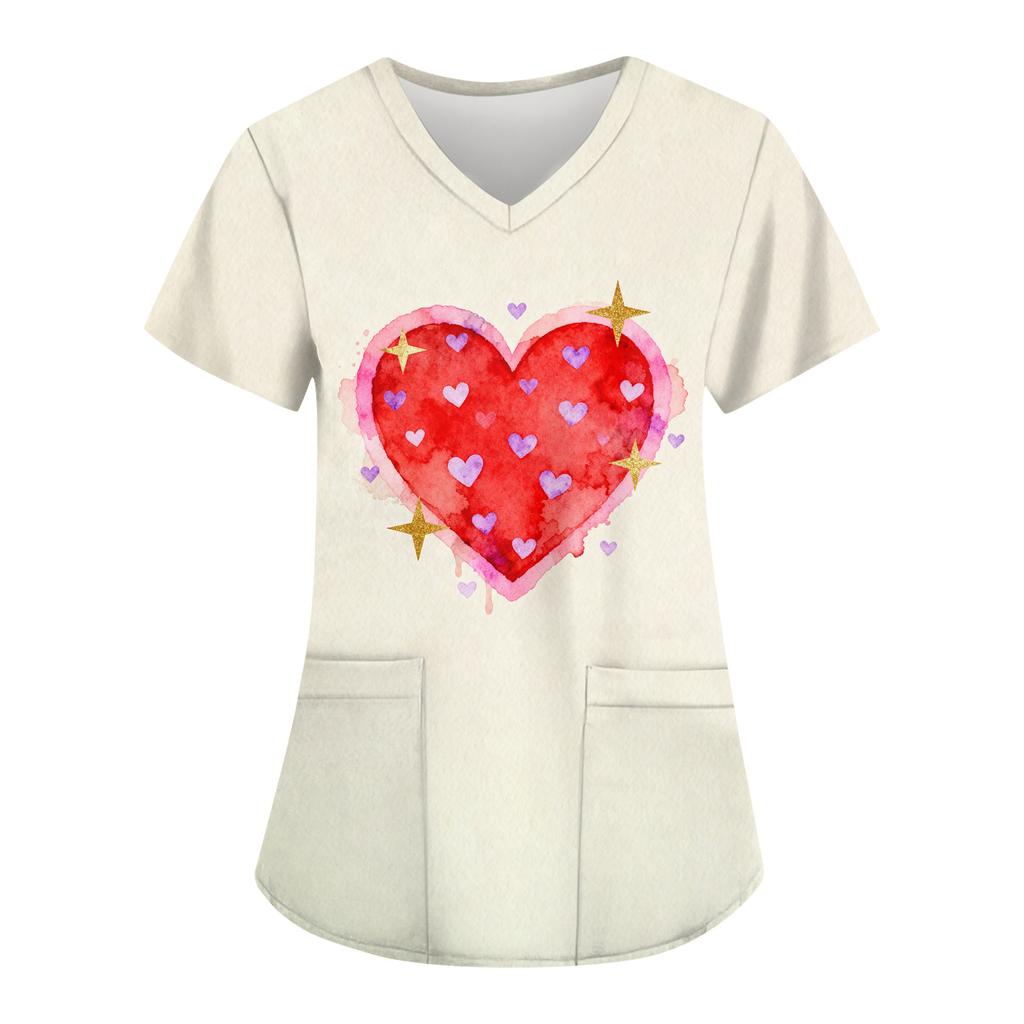 Women's Fashion Printed Short Sleeve V Neck Pattern Tops Pocket Working T-shirts