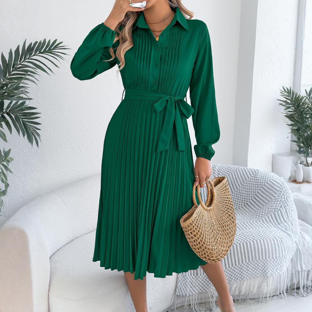 Women's Color Fashion Lapel Long Sleeved And Long dress