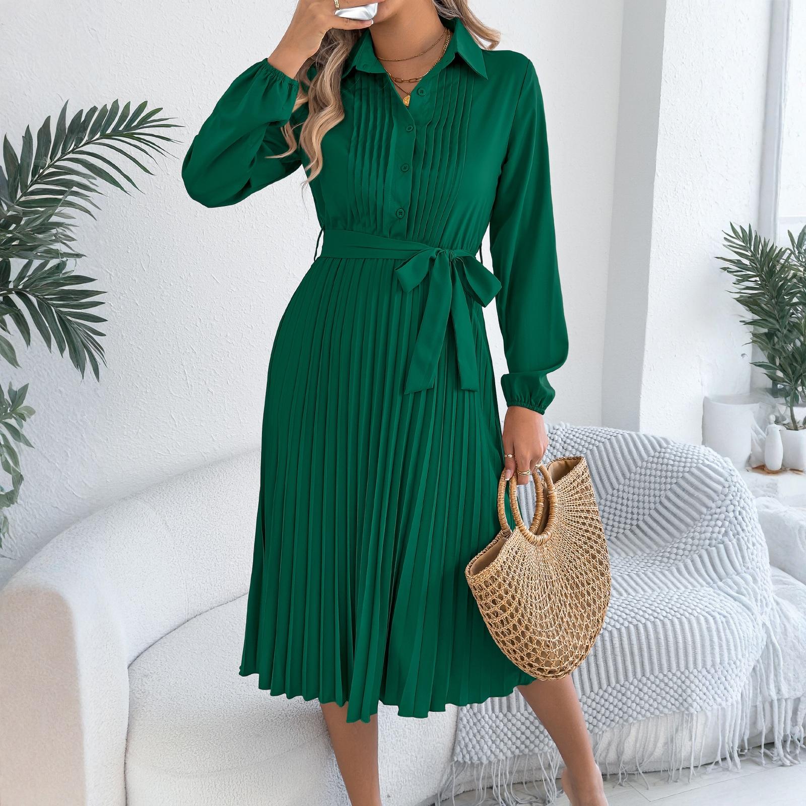 

Женское модное однотонное платье с лацканами, длинными рукавами и длинное L зелёный