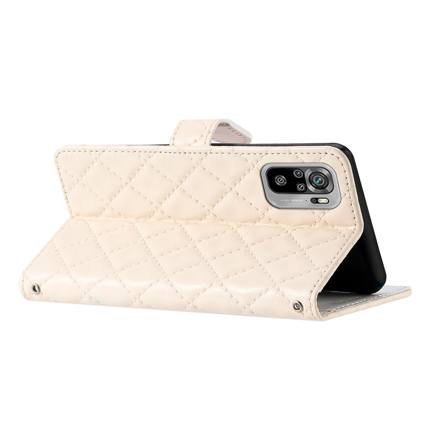 

For Xiaomi Redmi Note 10 4G/Note 10S 4G Stand Wallet Phone Case Stitching Line Rhombus PU Leather Cover White